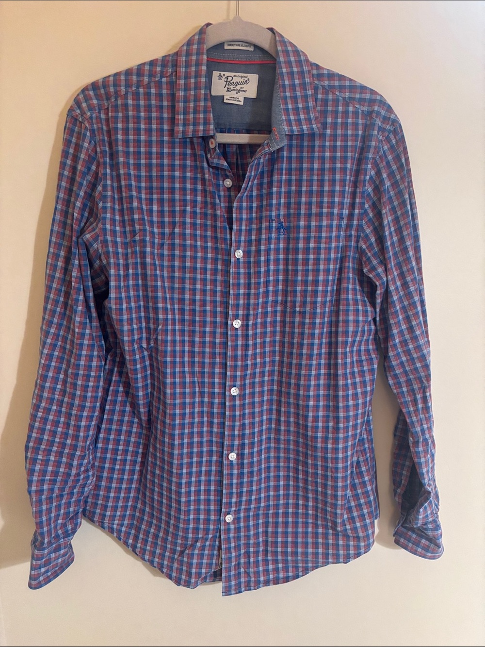 Original Penguin Blue & Red Check Button-Down Shirt - SLIM FIT sz M